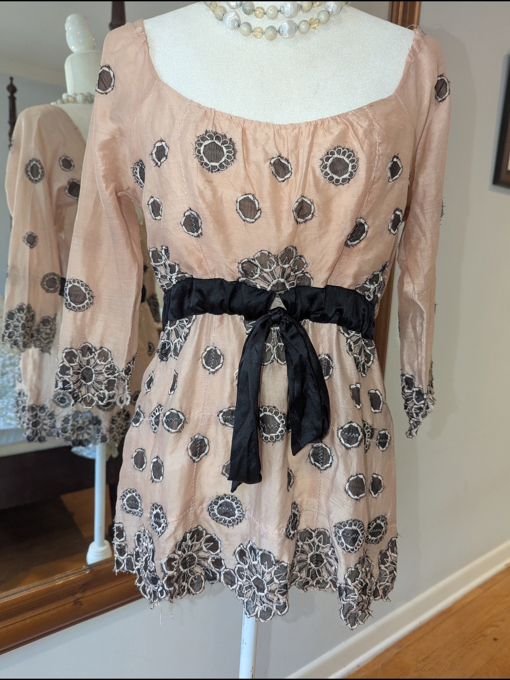 Nougat London Silk Blush Embroidered Peplum Blouse with Black Sash